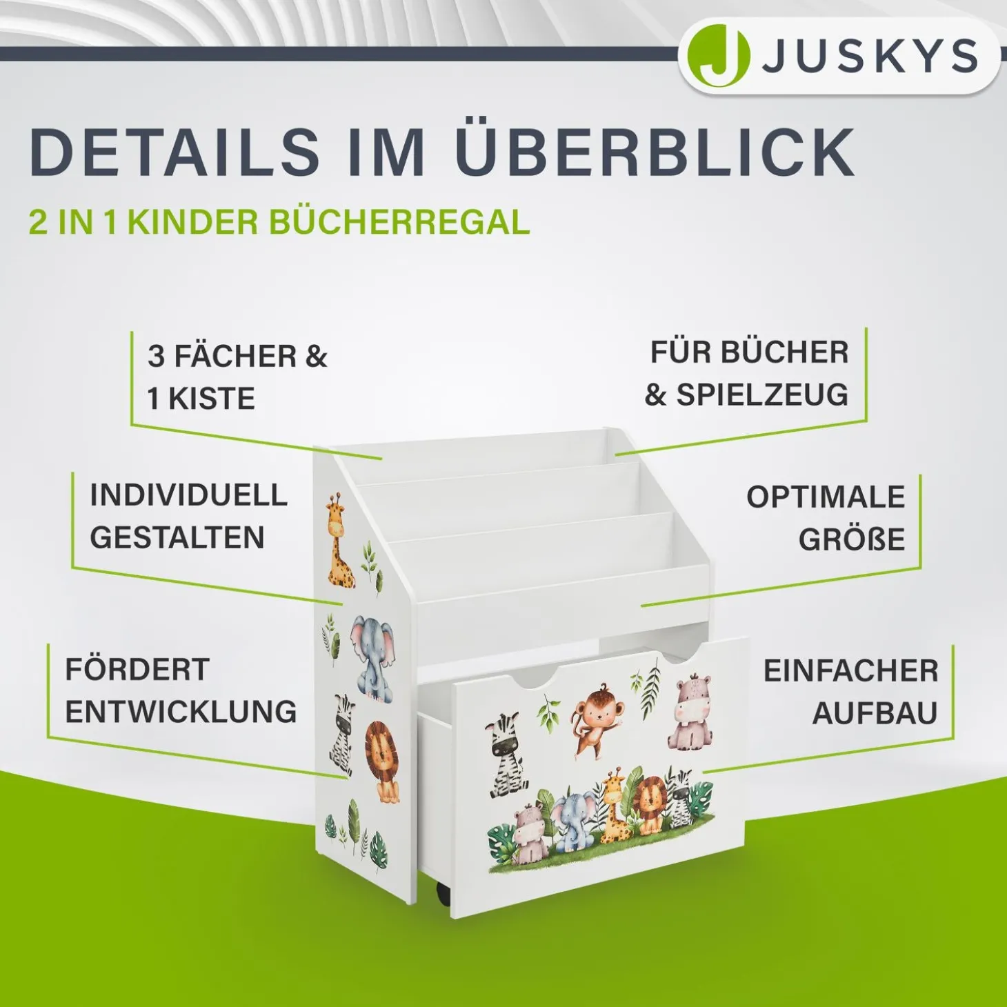 Kinder Bücherregal mit 3 Fächern und herausziehbarer Spielzeugkiste
