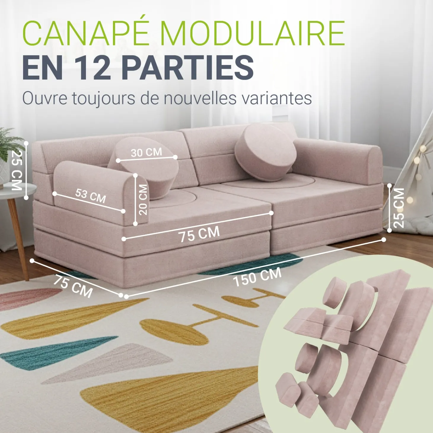 Kindersofa Kayo mit Cord Bezug & Kissen