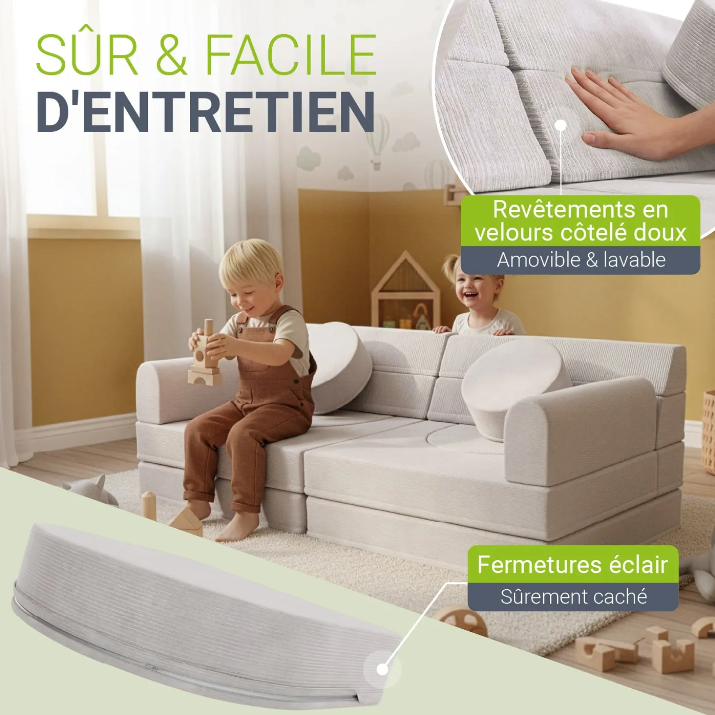 Kindersofa Kayo mit Cord Bezug & Kissen