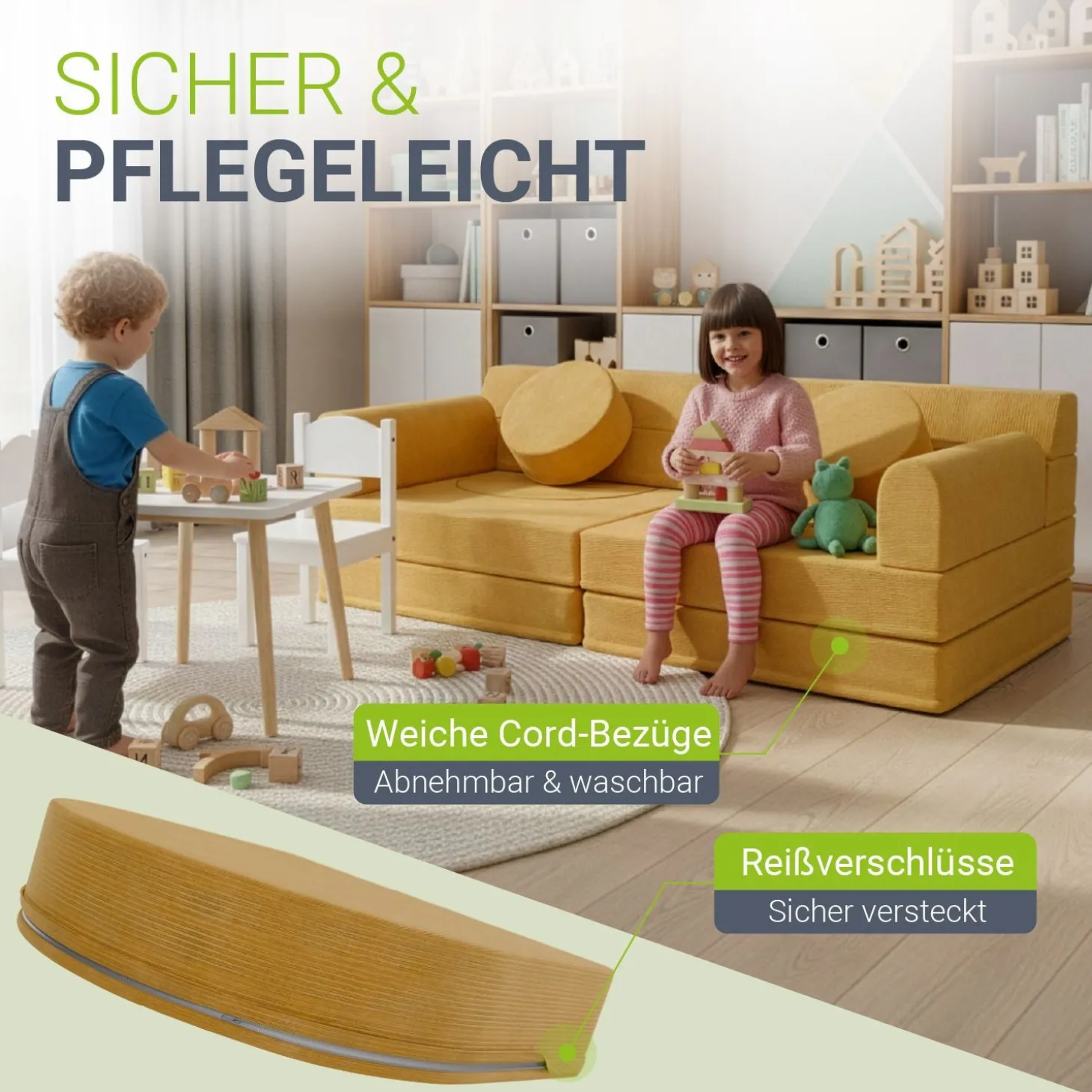 Kindersofa Kayo mit Cord Bezug & Kissen