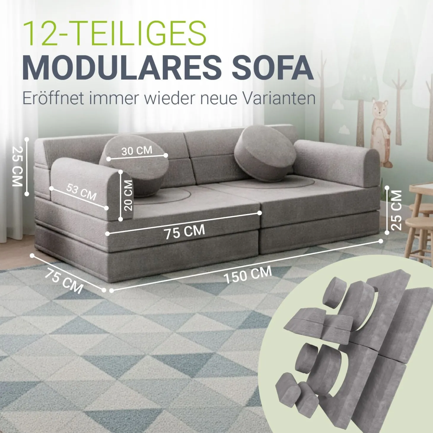 Kindersofa Kayo mit Cord Bezug & Kissen