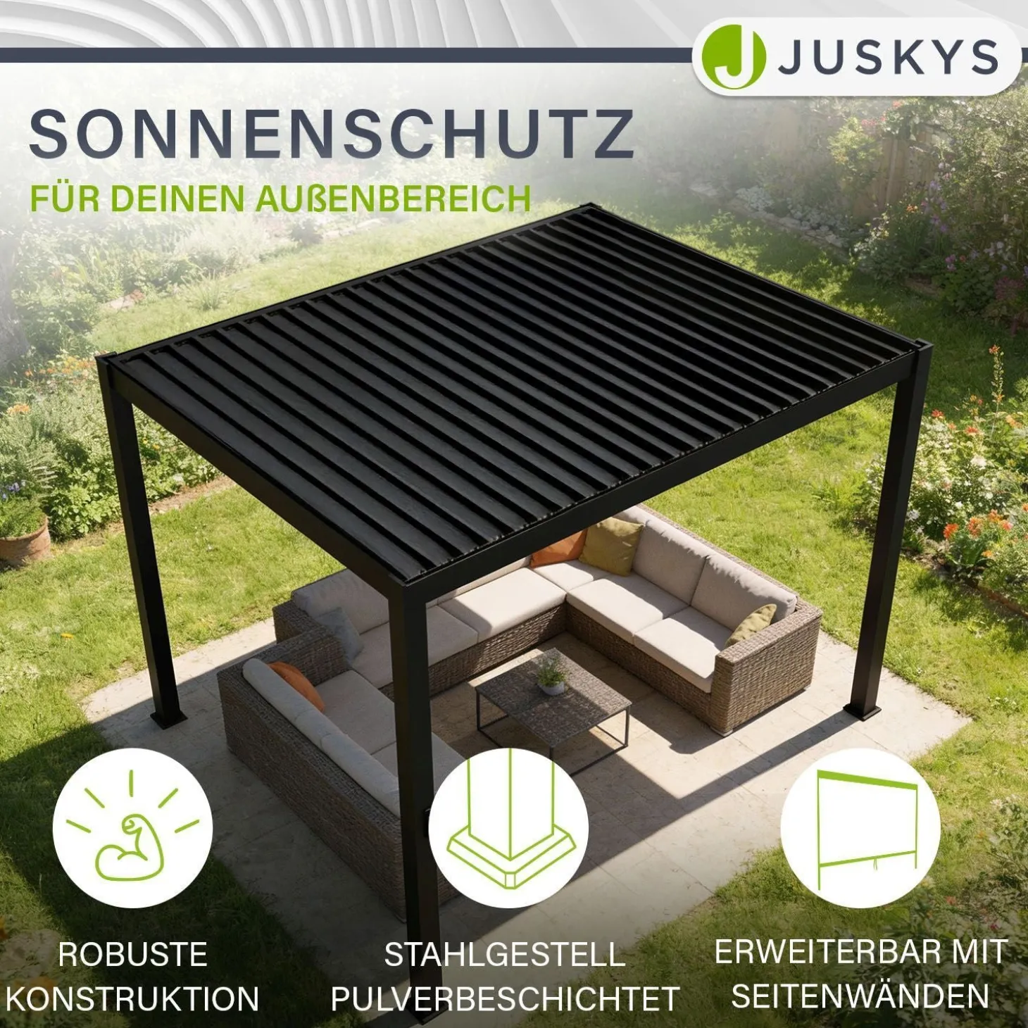 Lamellendach Tahiti 3 x 4 m inkl. 1x Seitenwand 3 m