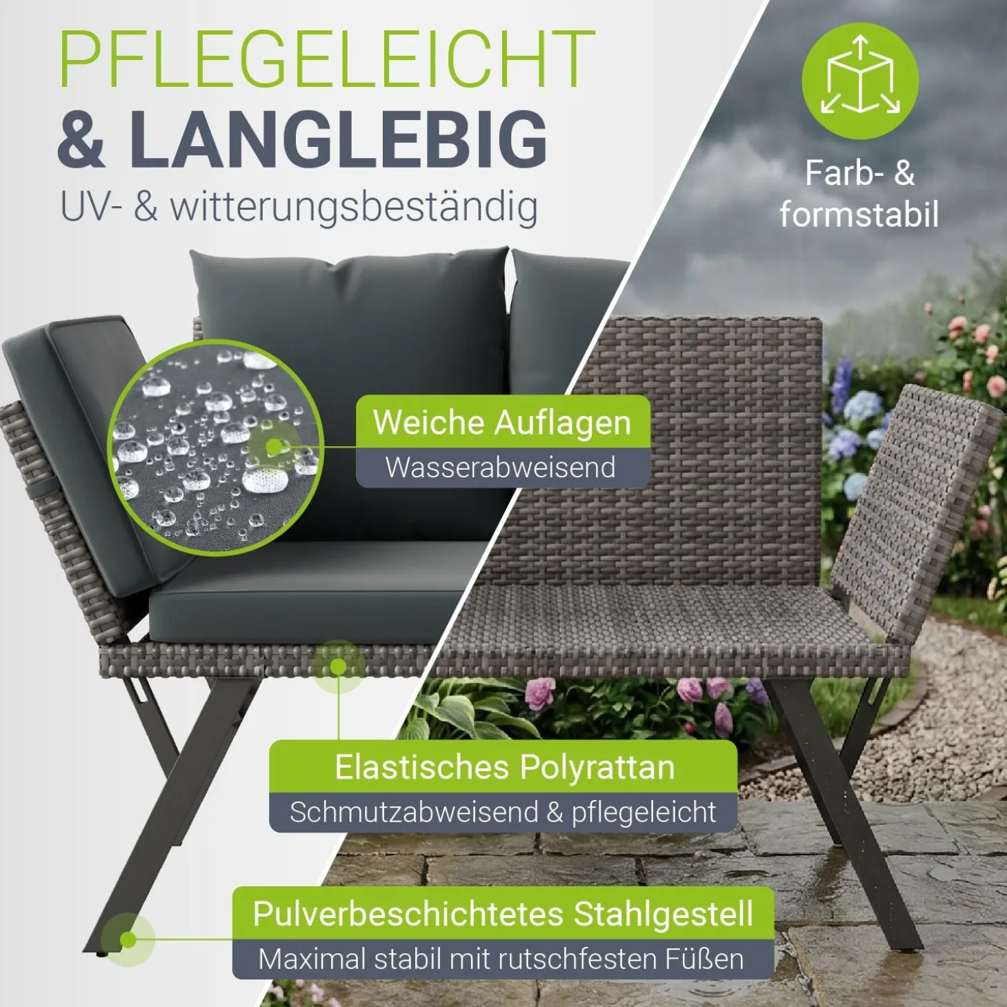 Polyrattan Multifunktionsbank Calvia Schwarz/Grau/Creme