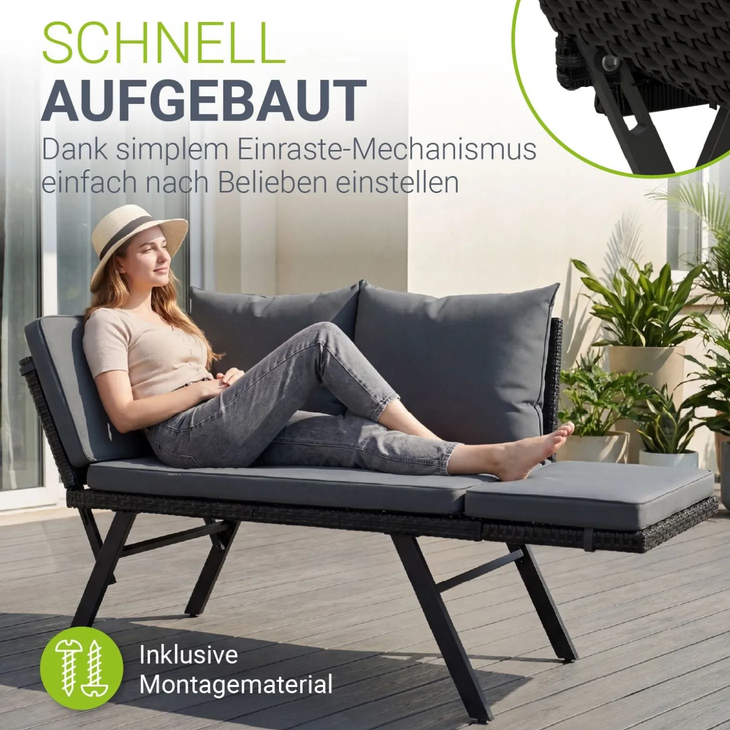 Polyrattan Multifunktionsbank Calvia Schwarz/Grau/Creme