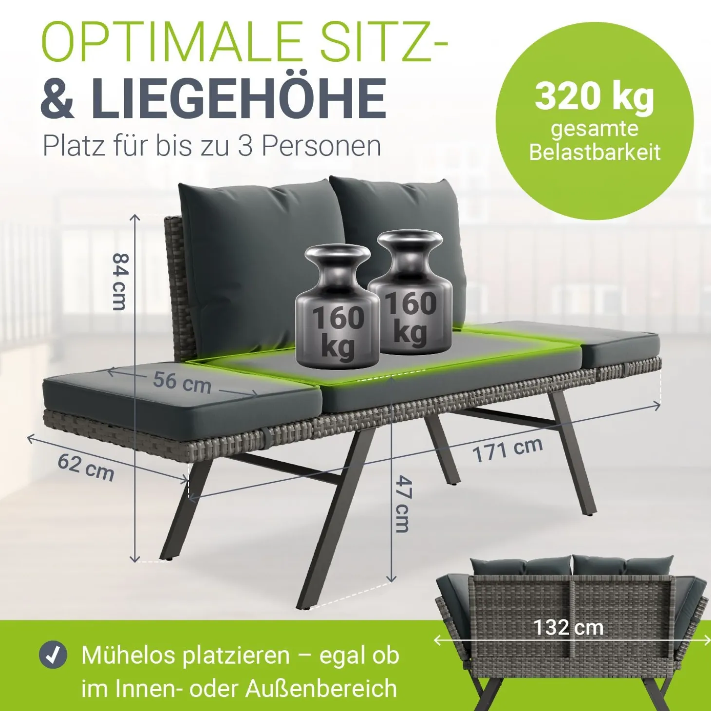 Polyrattan Multifunktionsbank Calvia Schwarz/Grau/Creme