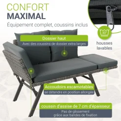 Polyrattan Multifunktionsbank Calvia Schwarz/Grau/Creme