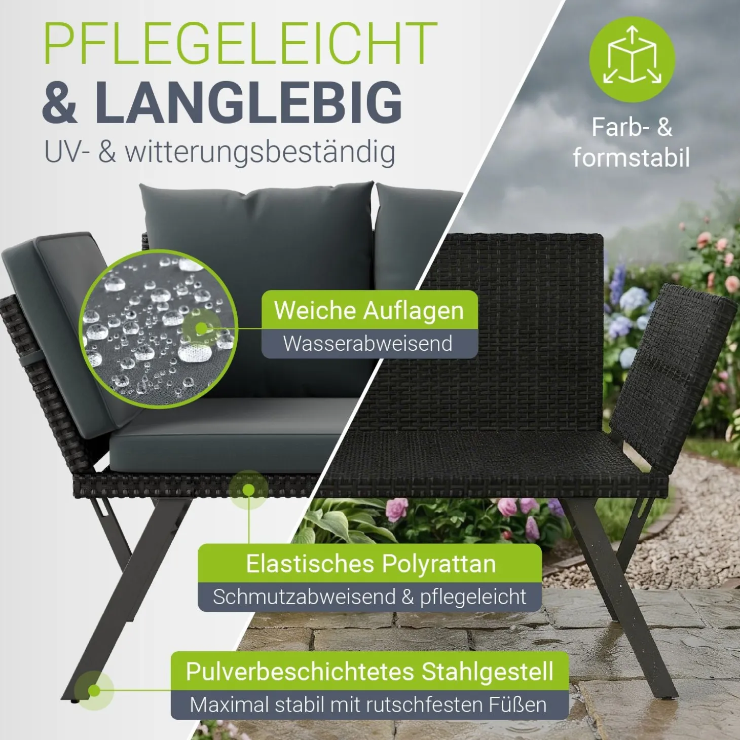 Polyrattan Multifunktionsbank Calvia Schwarz/Grau/Creme