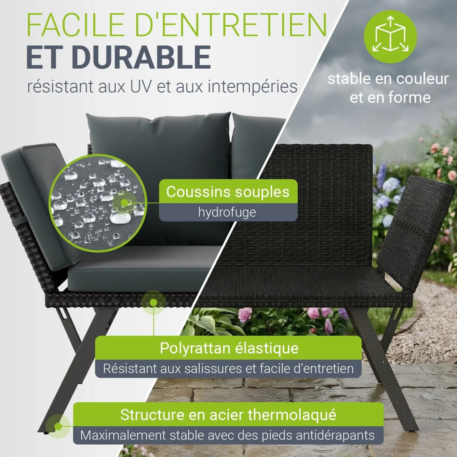 Polyrattan Multifunktionsbank Calvia Schwarz/Grau/Creme