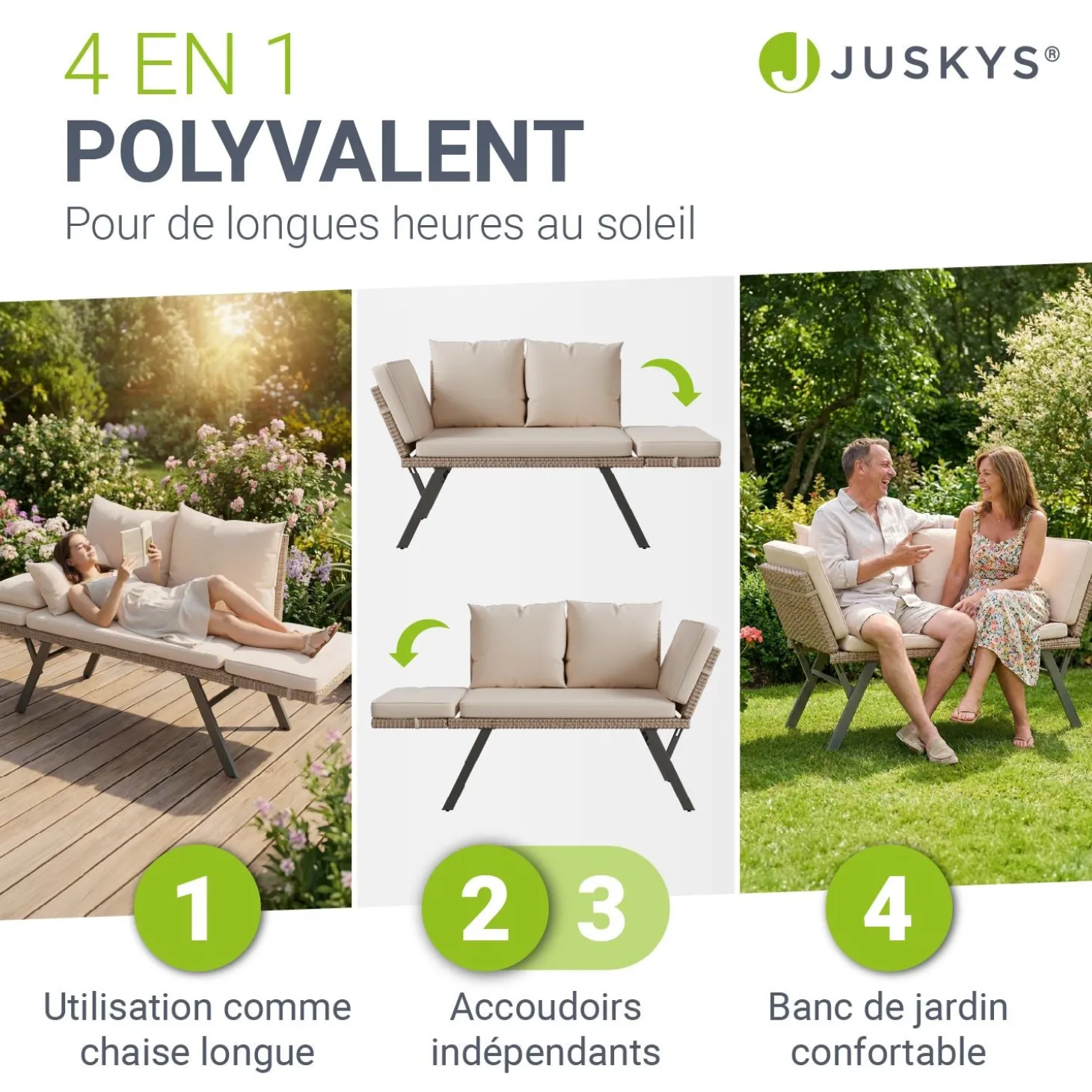 Polyrattan Multifunktionsbank Calvia Schwarz/Grau/Creme