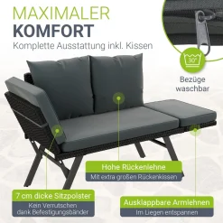 Polyrattan Multifunktionsbank Calvia Schwarz/Grau/Creme