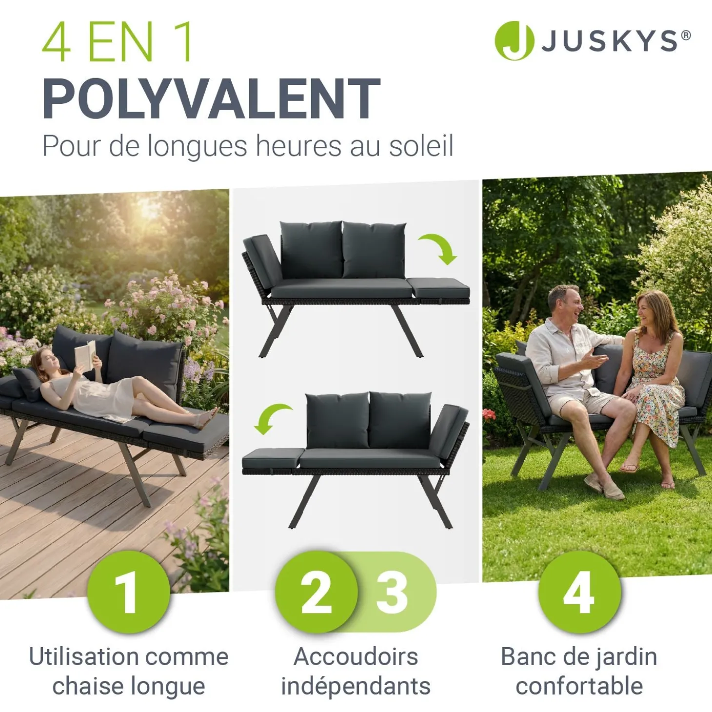 Polyrattan Multifunktionsbank Calvia Schwarz/Grau/Creme