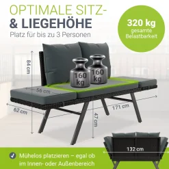 Polyrattan Multifunktionsbank Calvia Schwarz/Grau/Creme