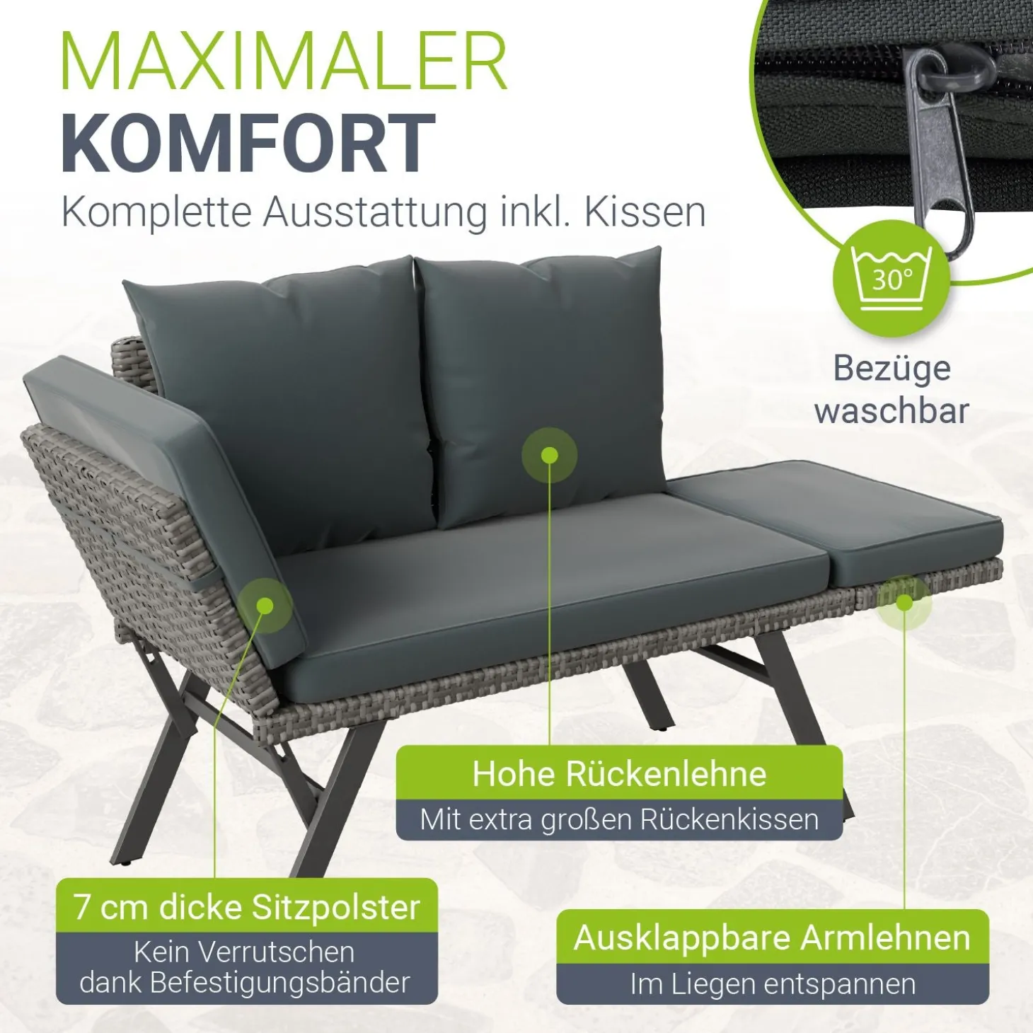 Polyrattan Multifunktionsbank Calvia Schwarz/Grau/Creme