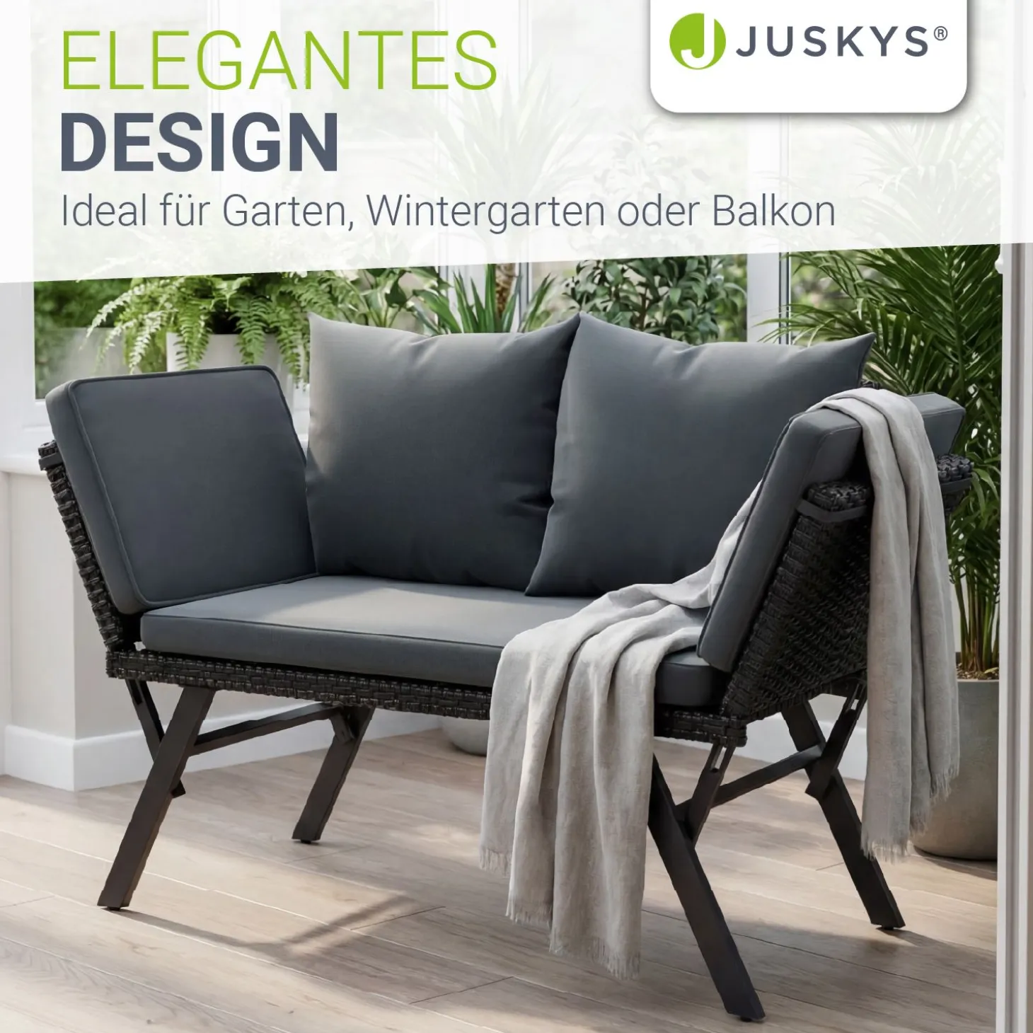 Polyrattan Multifunktionsbank Calvia Schwarz/Grau/Creme
