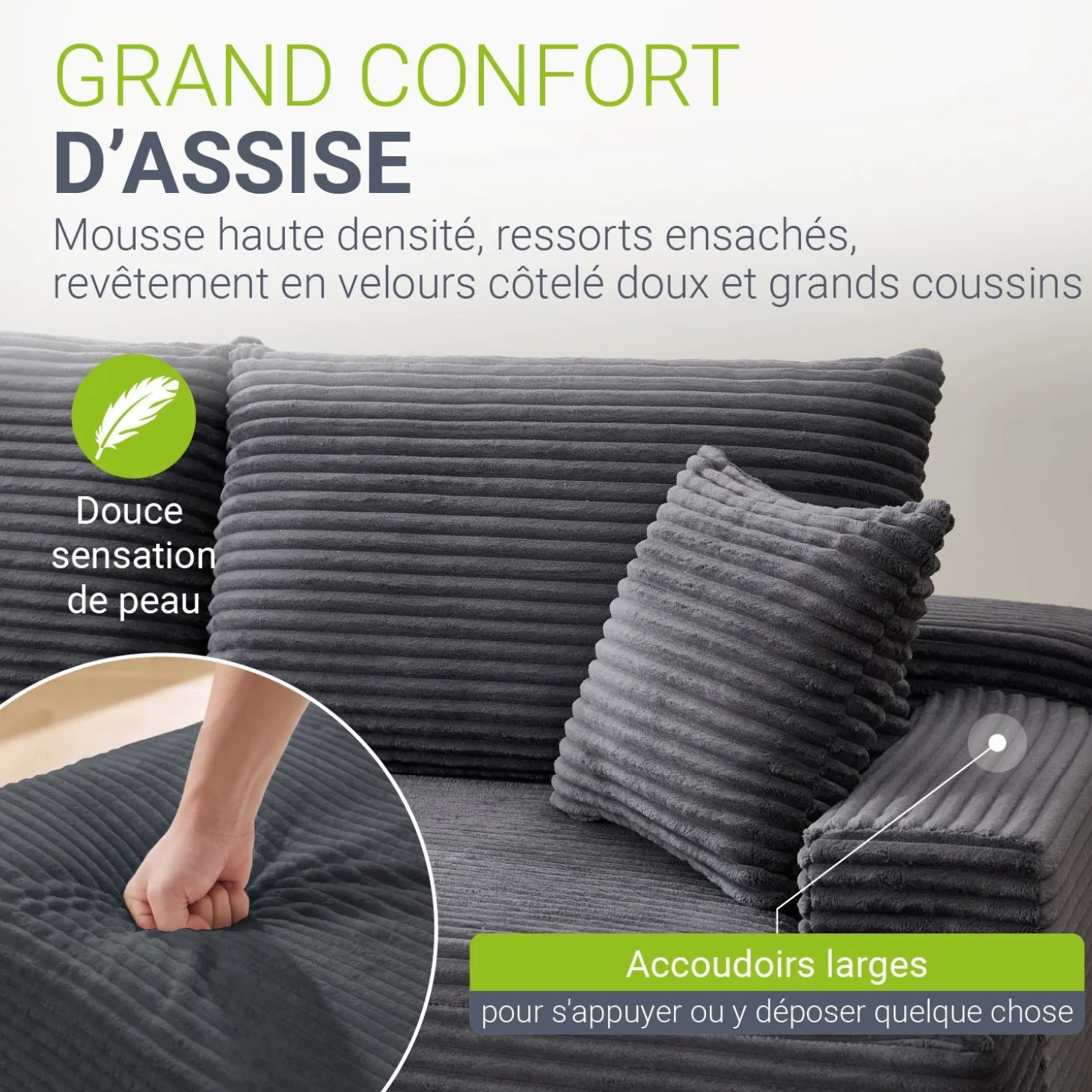 Sofa Coredo mit Cord Bezug & Dekokissen