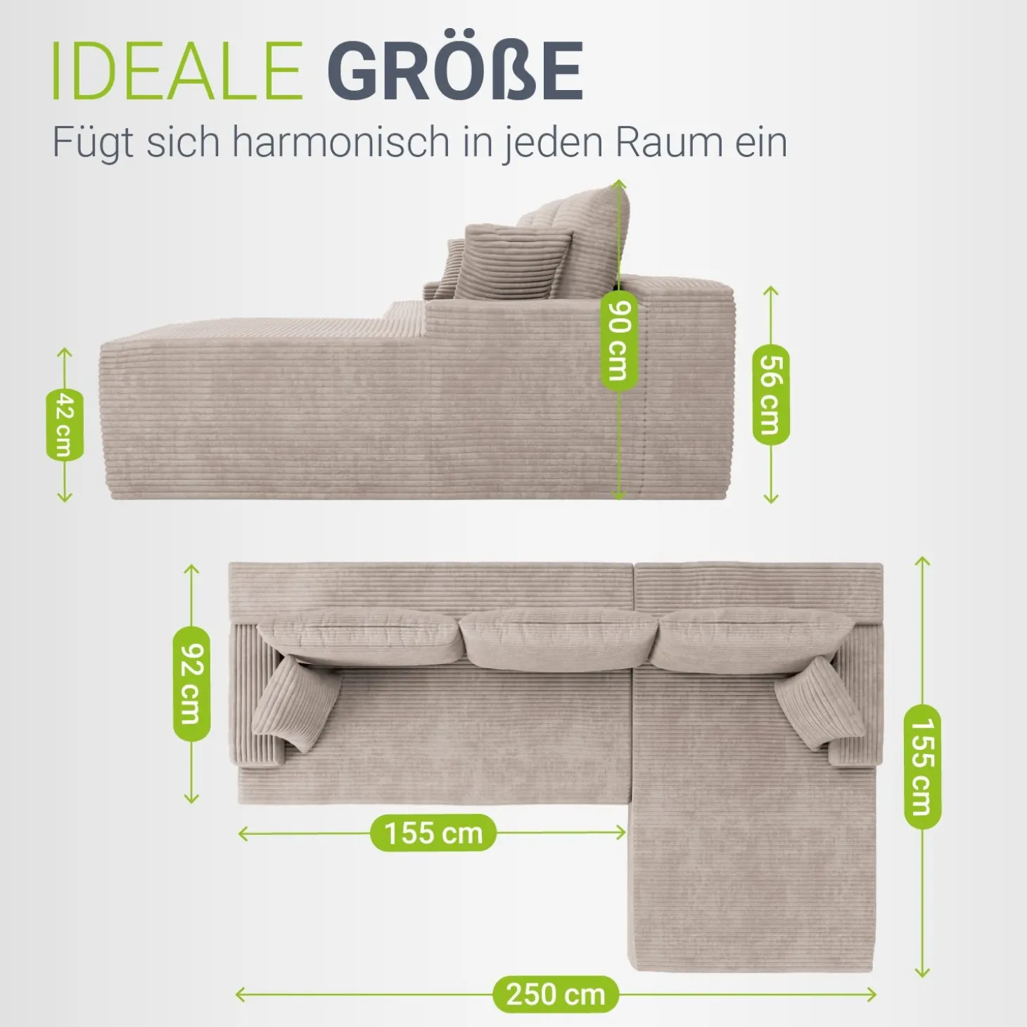 Sofa Coredo mit Cord Bezug & Dekokissen