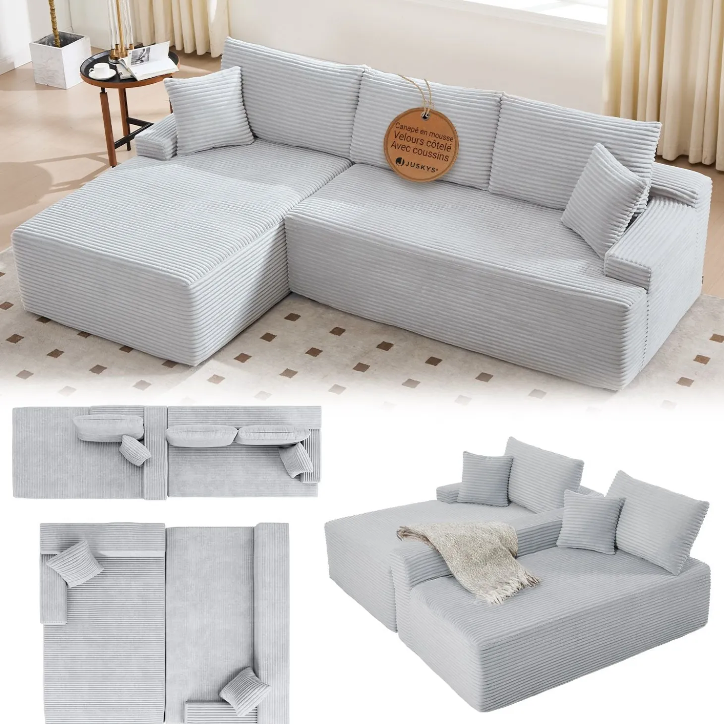 Sofa Coredo mit Cord Bezug & Dekokissen