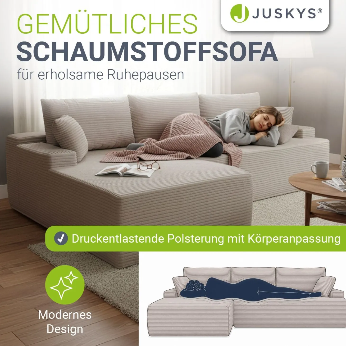 Sofa Coredo mit Cord Bezug & Dekokissen