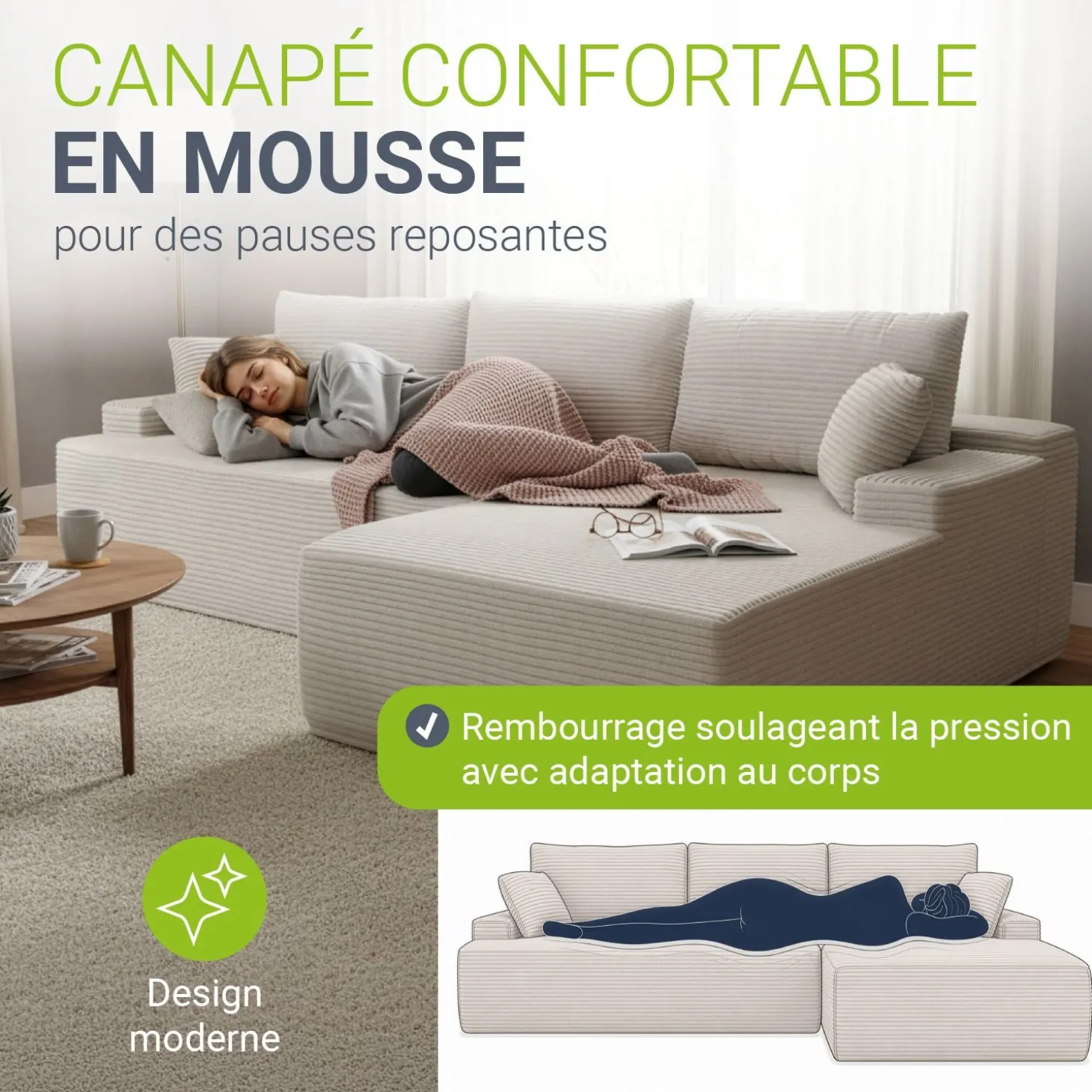 Sofa Coredo mit Cord Bezug & Dekokissen