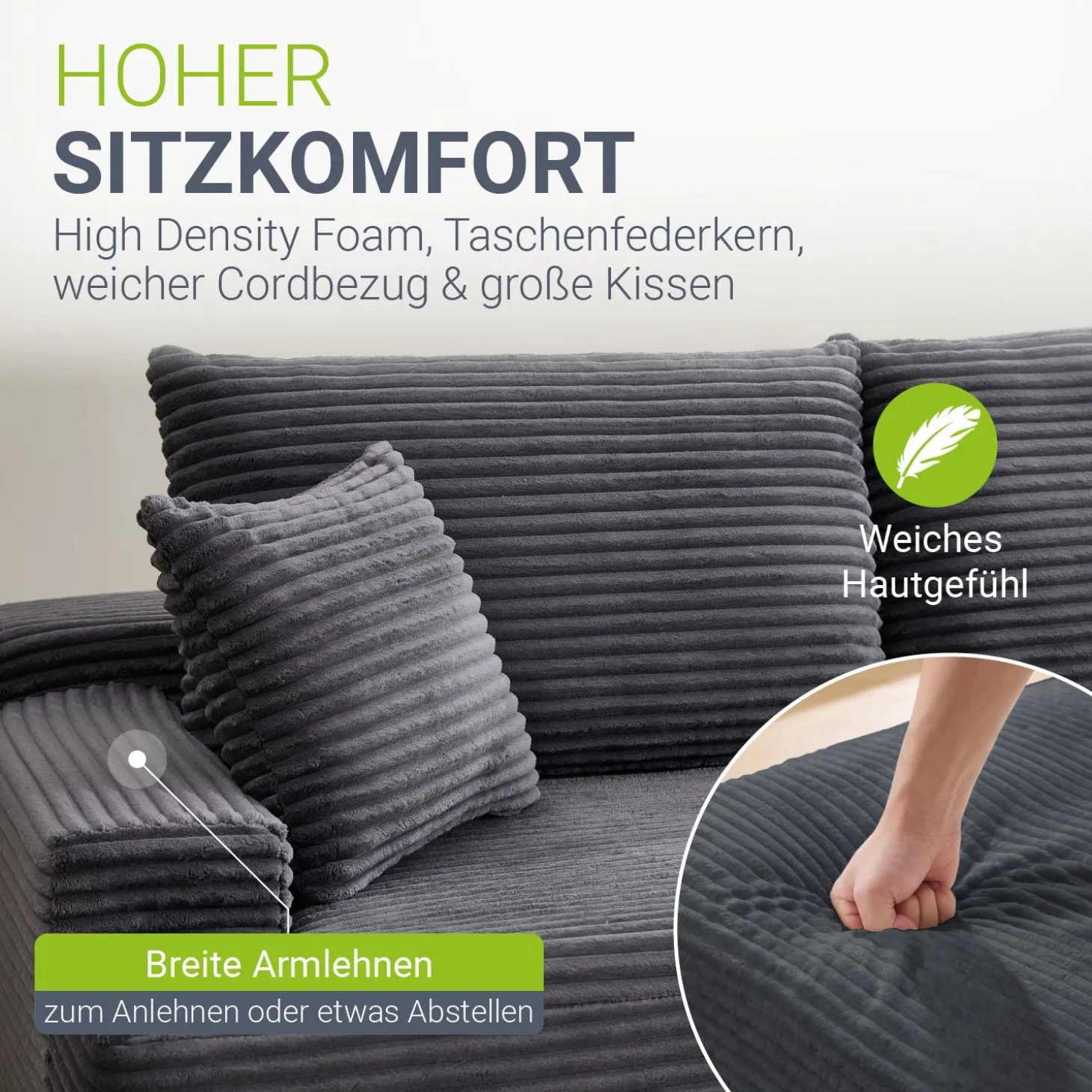 Sofa Coredo mit Cord Bezug & Dekokissen