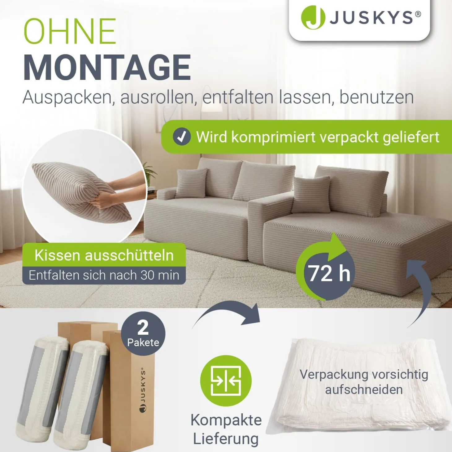 Sofa Coredo mit Cord Bezug & Dekokissen