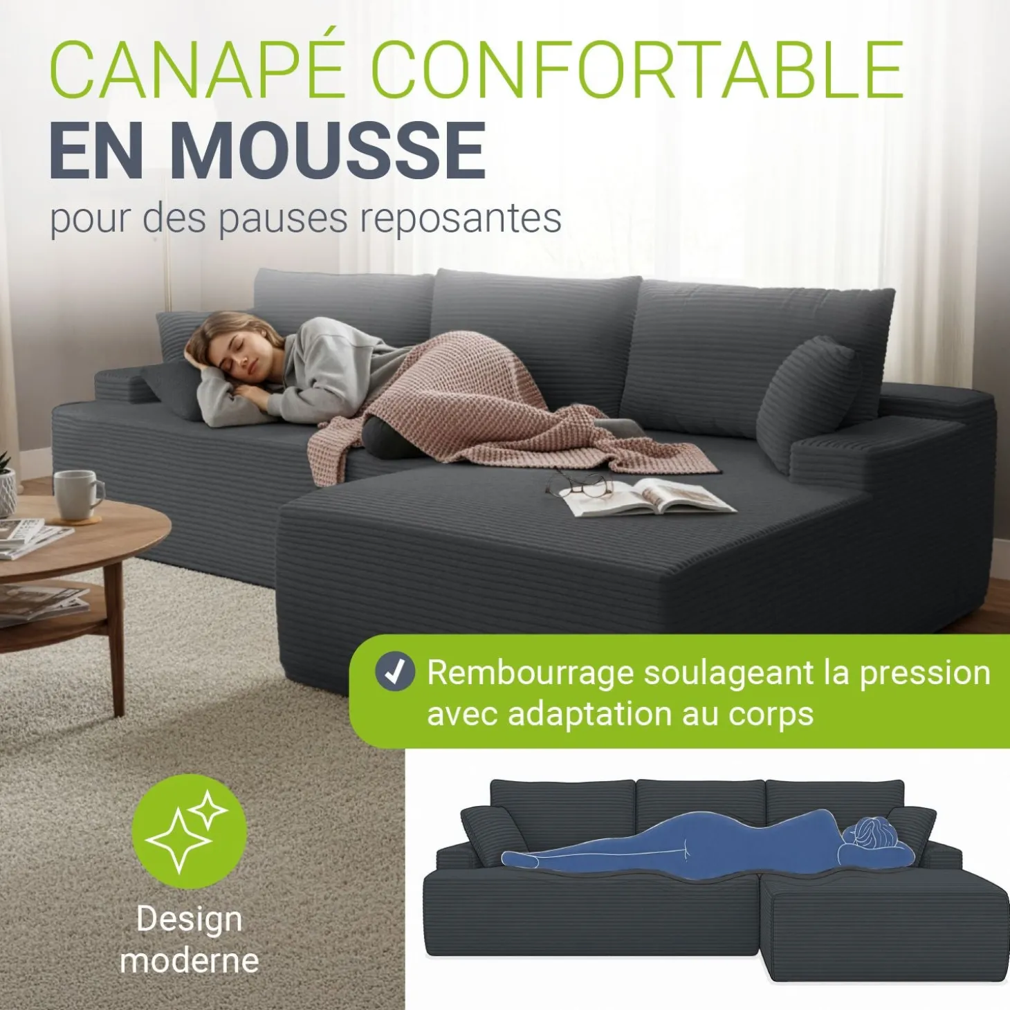 Sofa Coredo mit Cord Bezug & Dekokissen