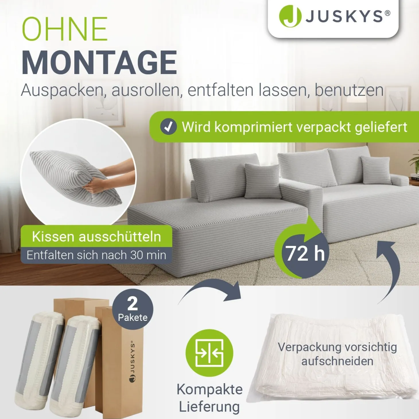Sofa Coredo mit Cord Bezug & Dekokissen