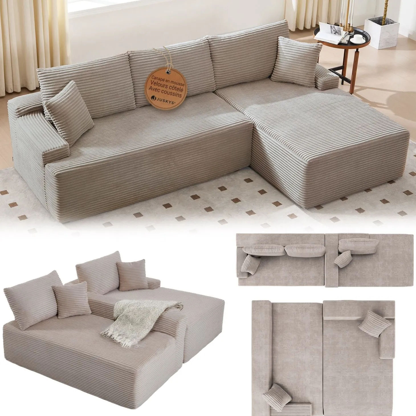 Sofa Coredo mit Cord Bezug & Dekokissen