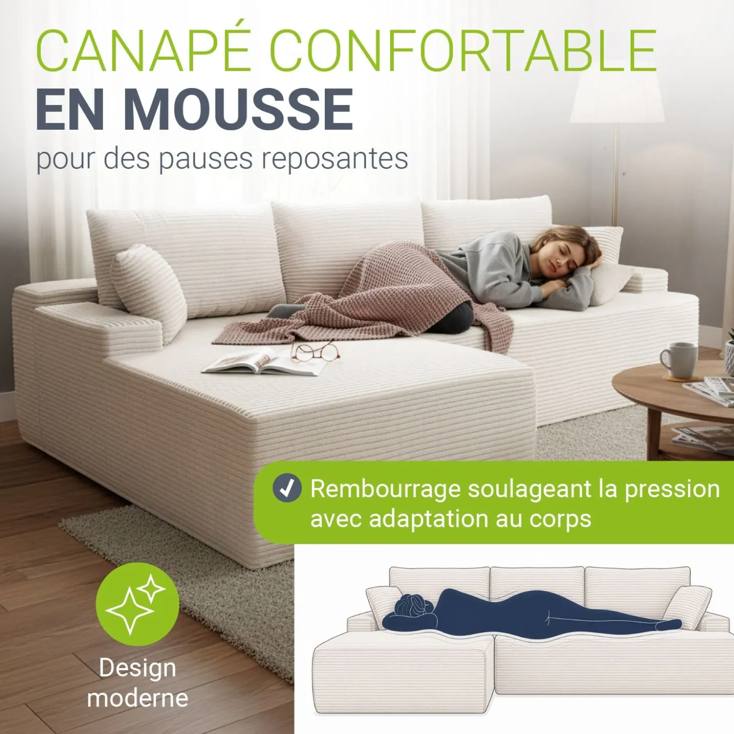 Sofa Coredo mit Cord Bezug & Dekokissen