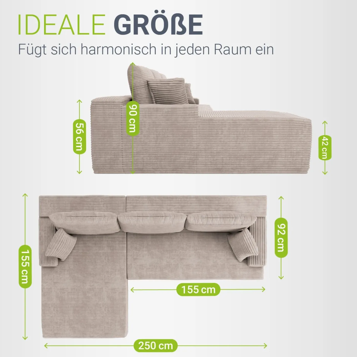 Sofa Coredo mit Cord Bezug & Dekokissen
