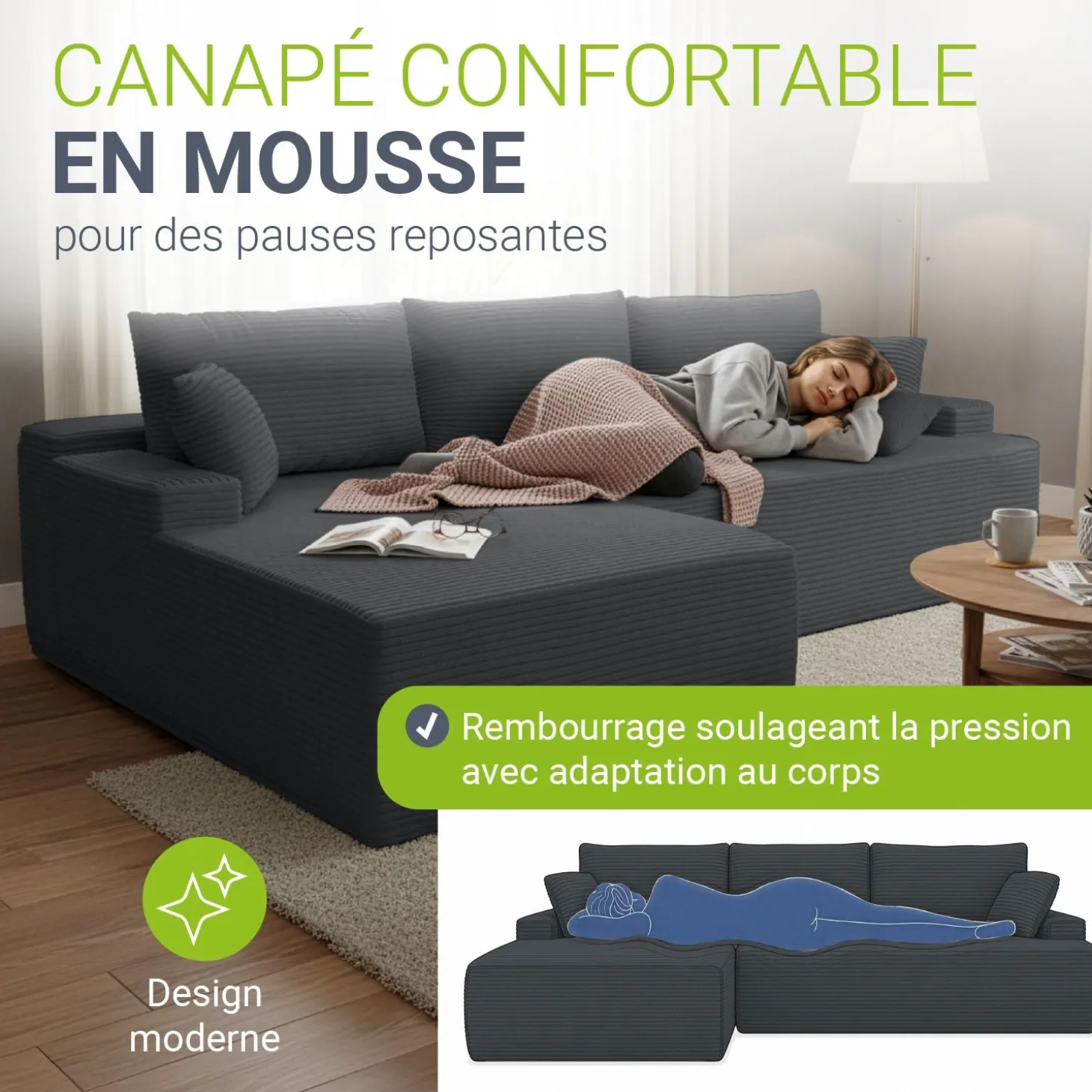 Sofa Coredo mit Cord Bezug & Dekokissen