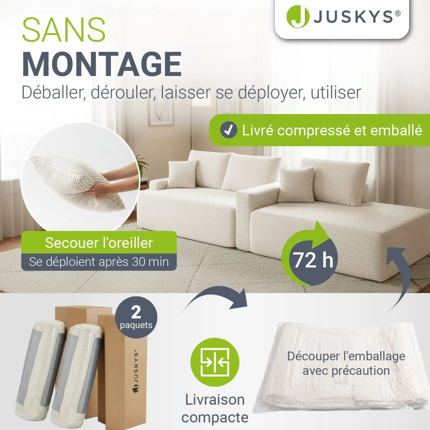 Sofa Coredo mit Cord Bezug & Dekokissen