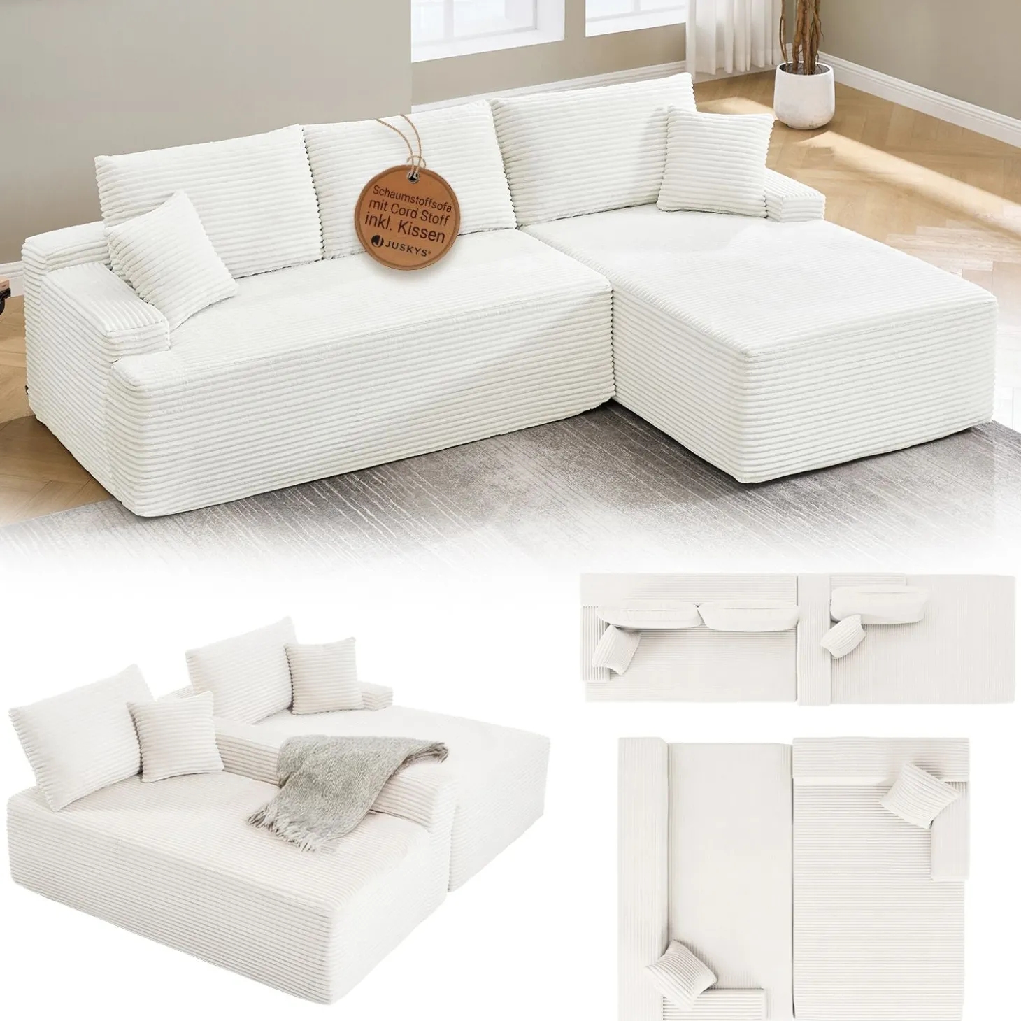 Sofa Coredo mit Cord Bezug & Dekokissen