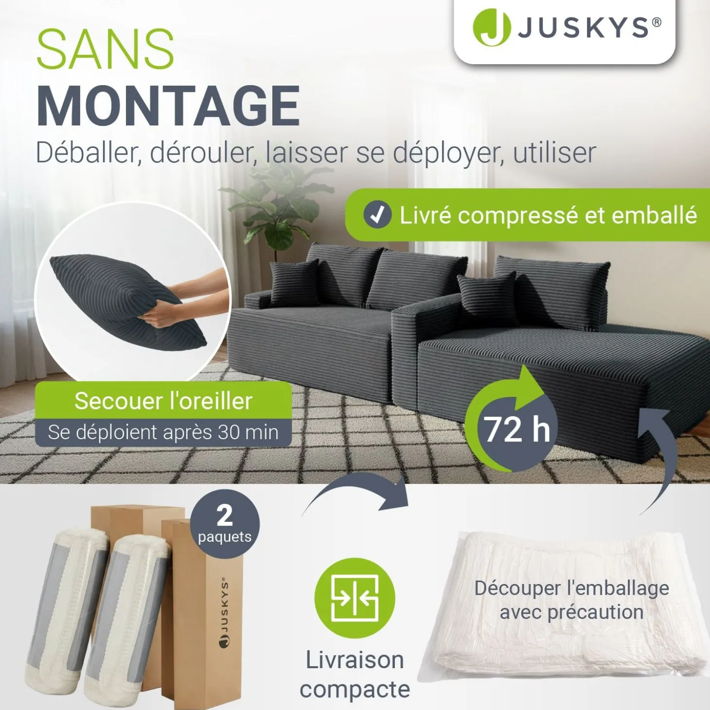 Sofa Coredo mit Cord Bezug & Dekokissen