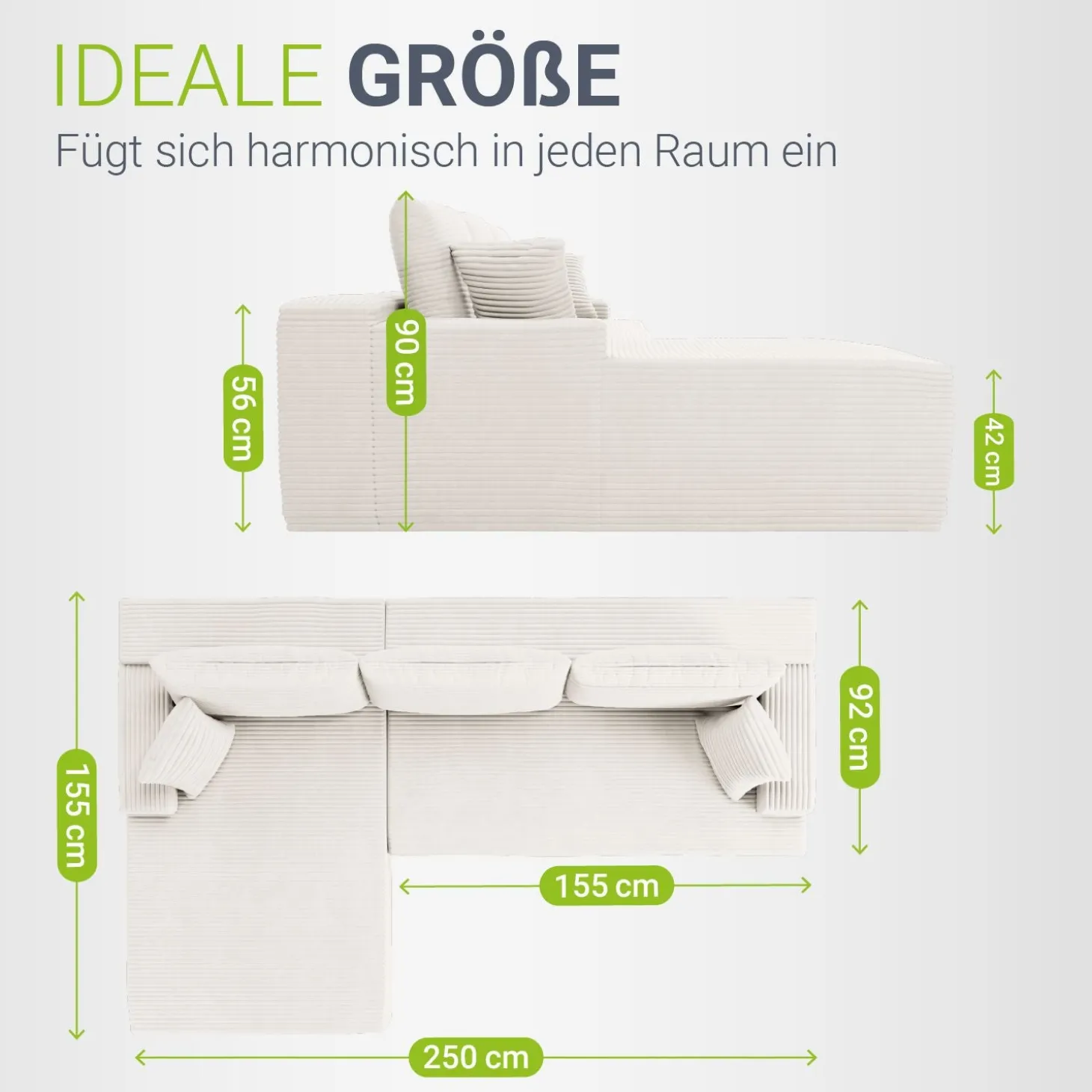 Sofa Coredo mit Cord Bezug & Dekokissen