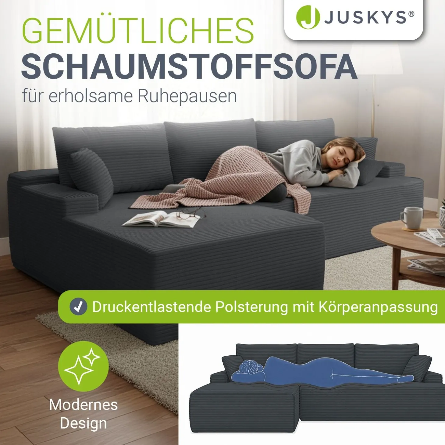 Sofa Coredo mit Cord Bezug & Dekokissen