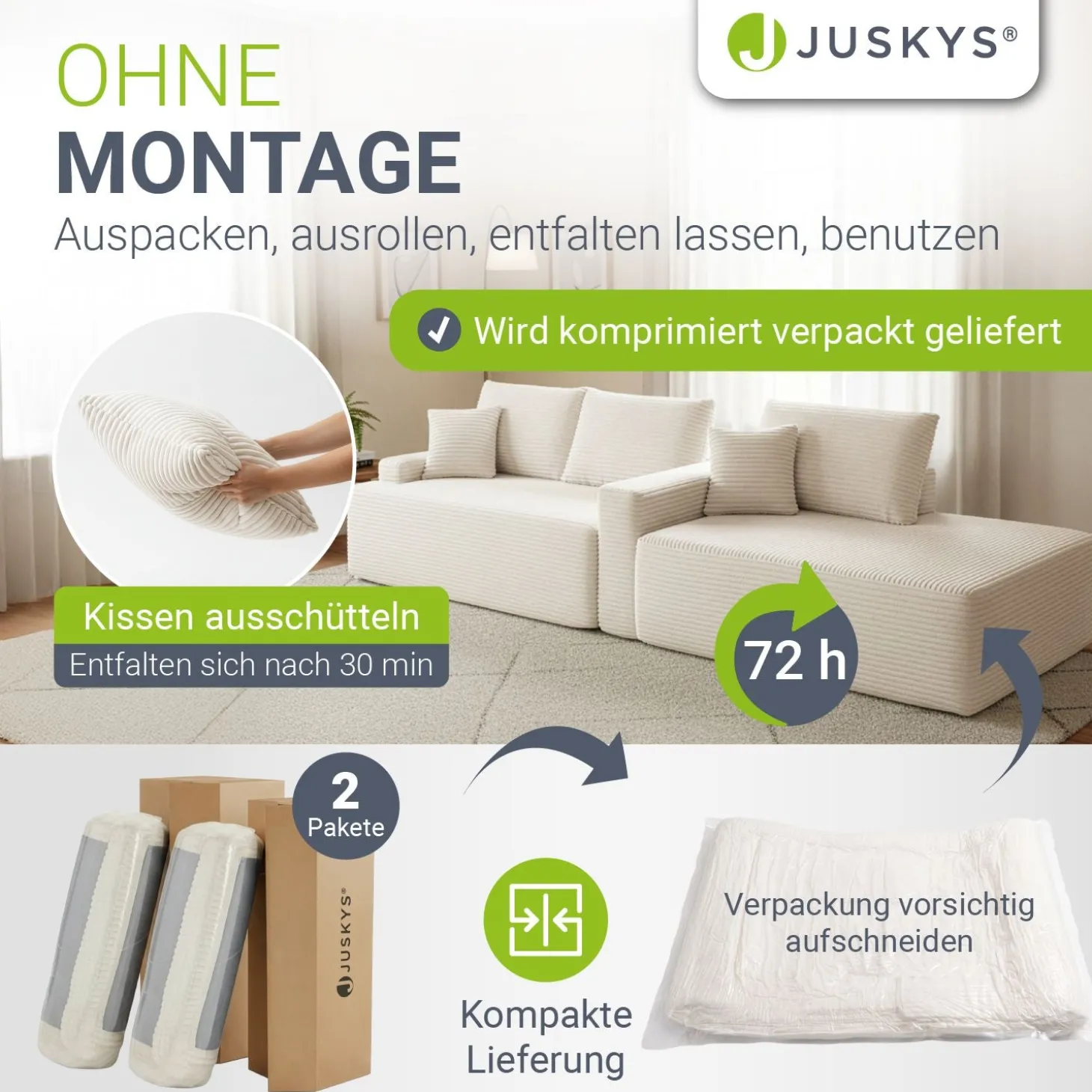 Sofa Coredo mit Cord Bezug & Dekokissen