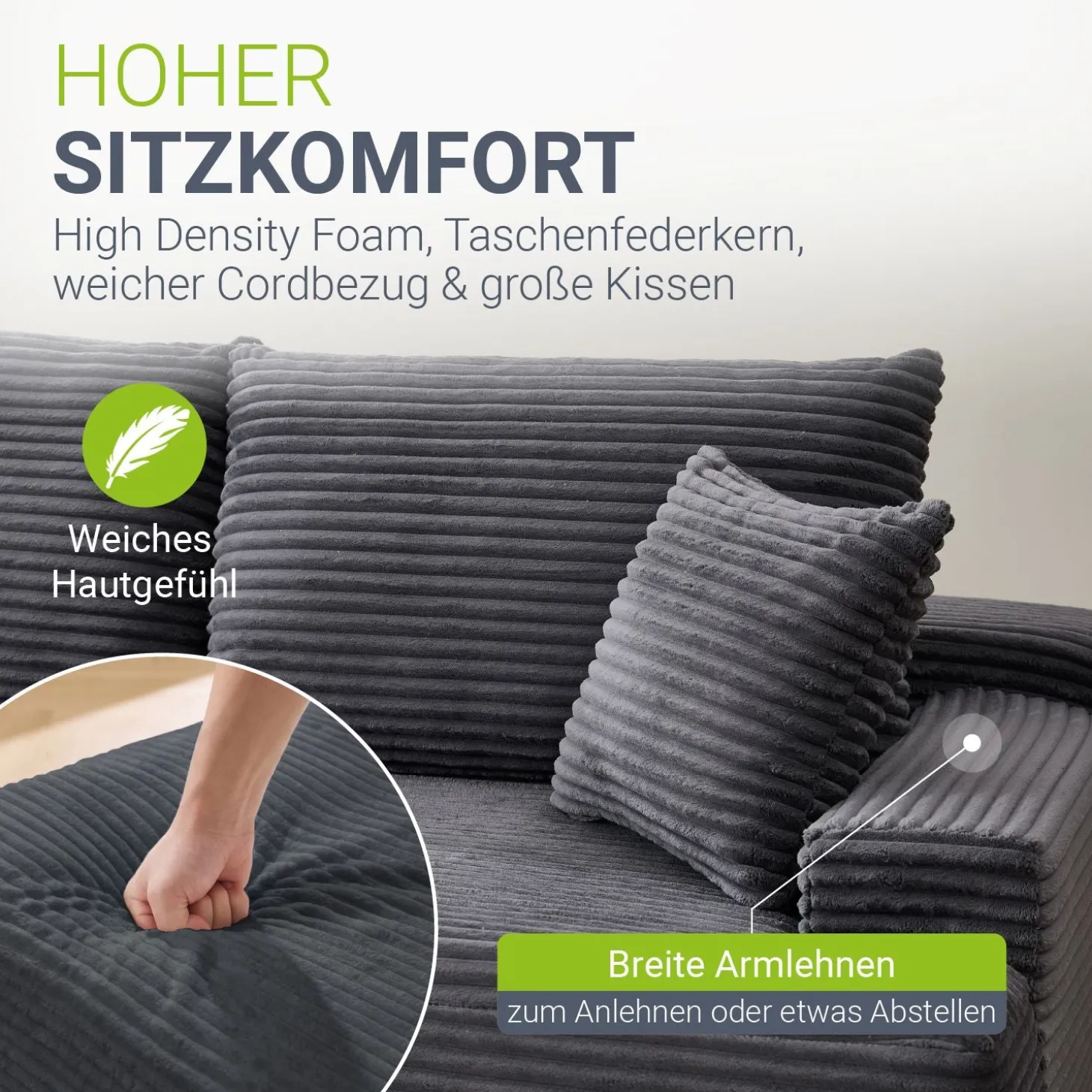 Sofa Coredo mit Cord Bezug & Dekokissen