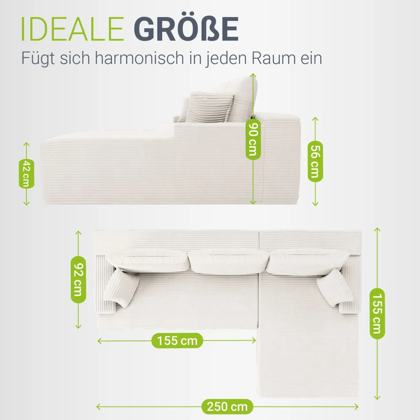 Sofa Coredo mit Cord Bezug & Dekokissen