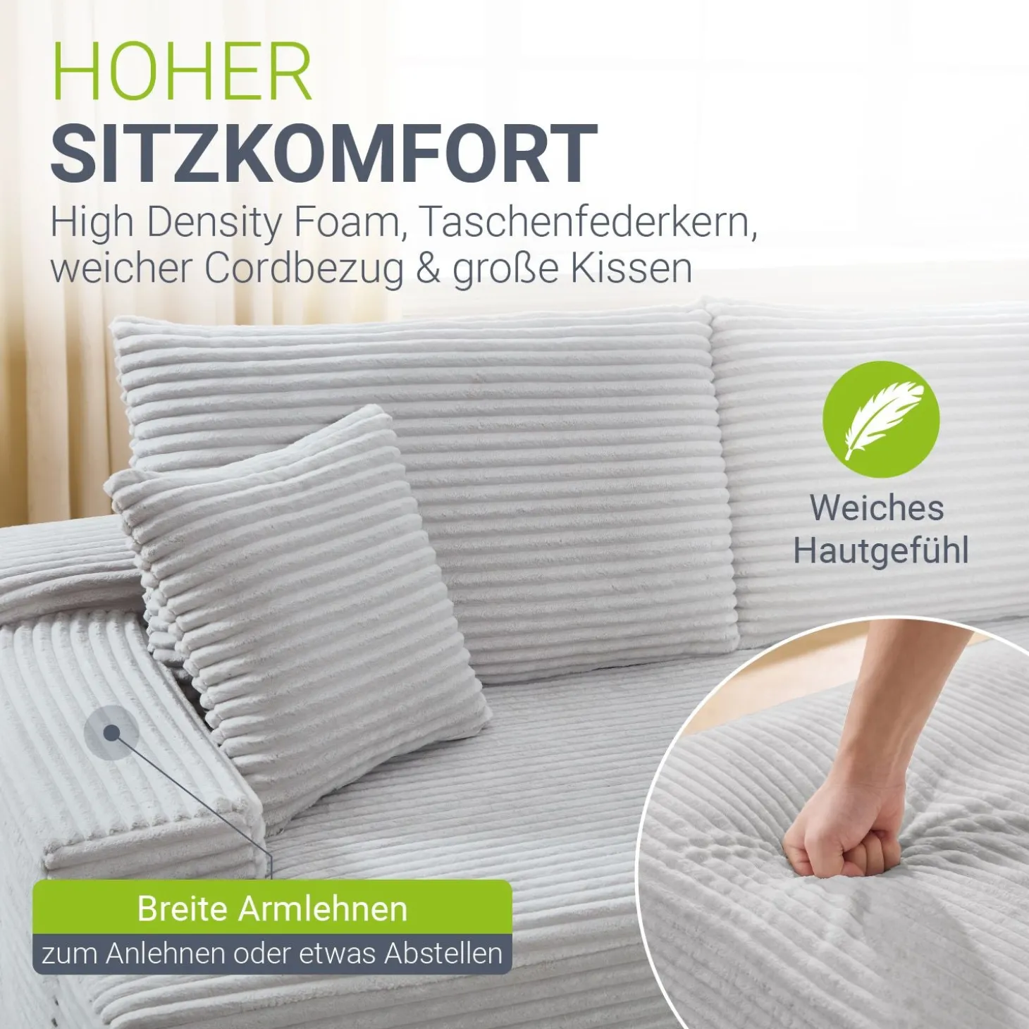 Sofa Coredo mit Cord Bezug & Dekokissen