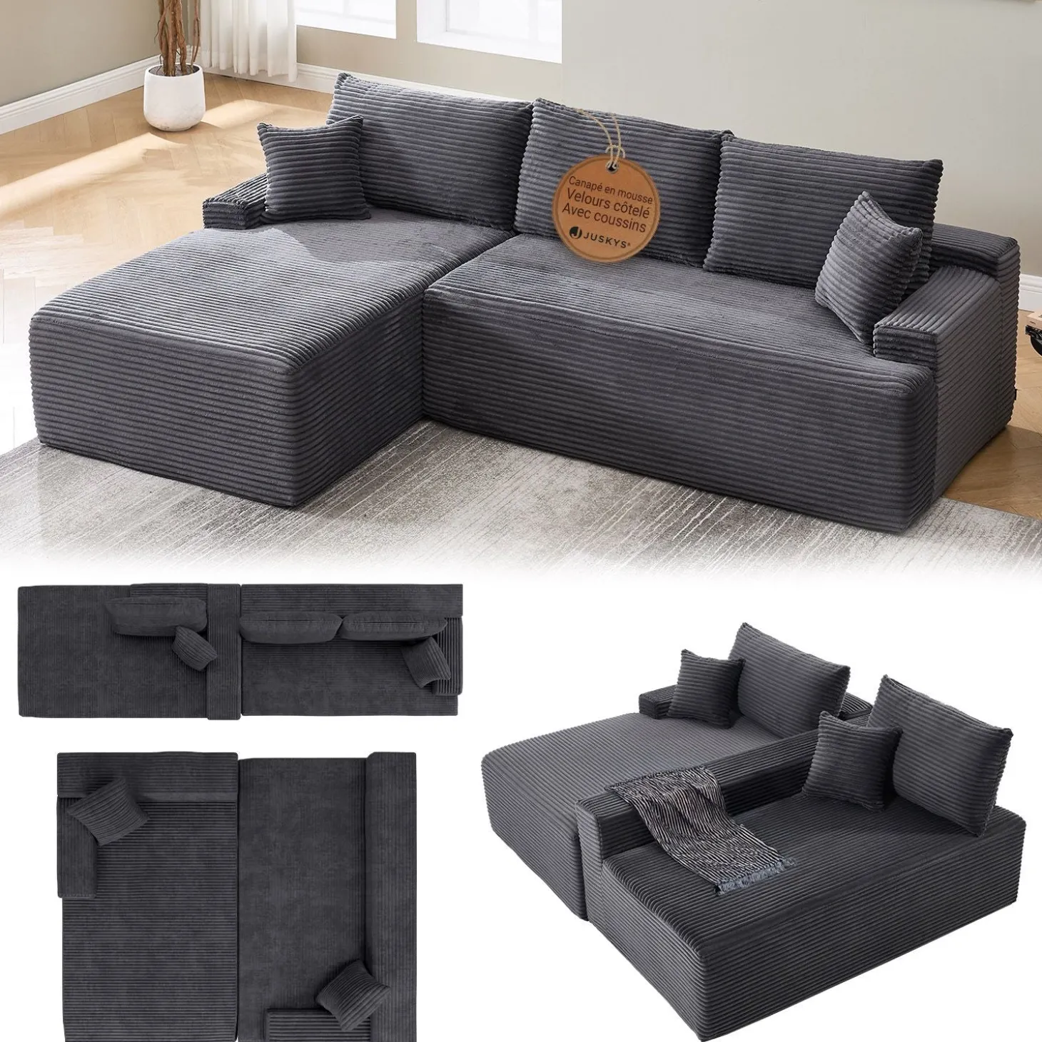 Sofa Coredo mit Cord Bezug & Dekokissen