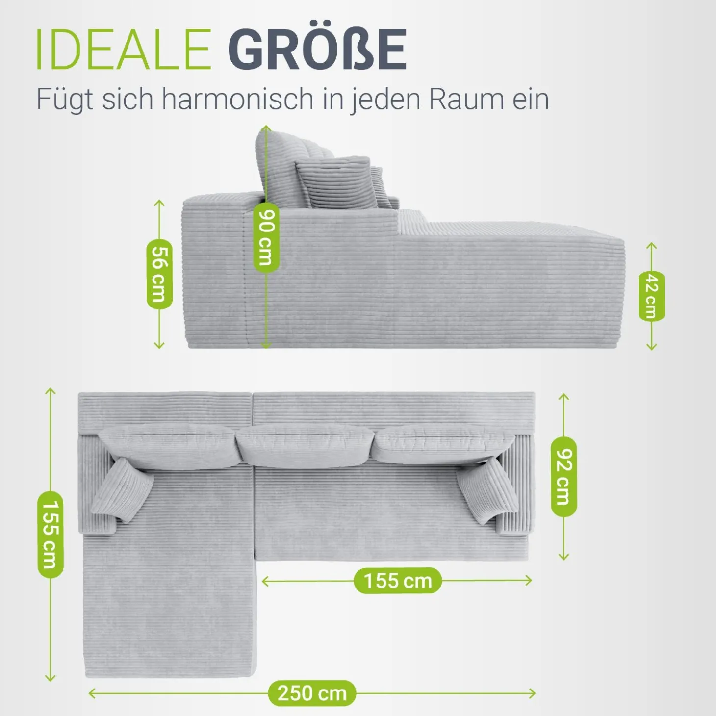 Sofa Coredo mit Cord Bezug & Dekokissen