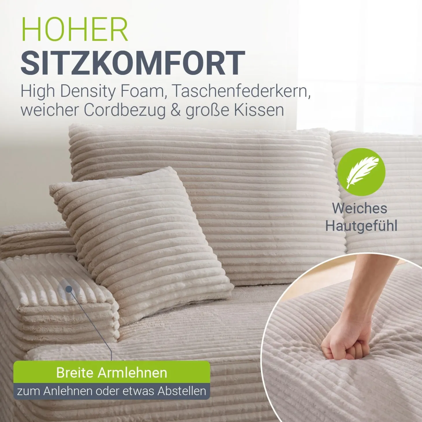 Sofa Coredo mit Cord Bezug & Dekokissen