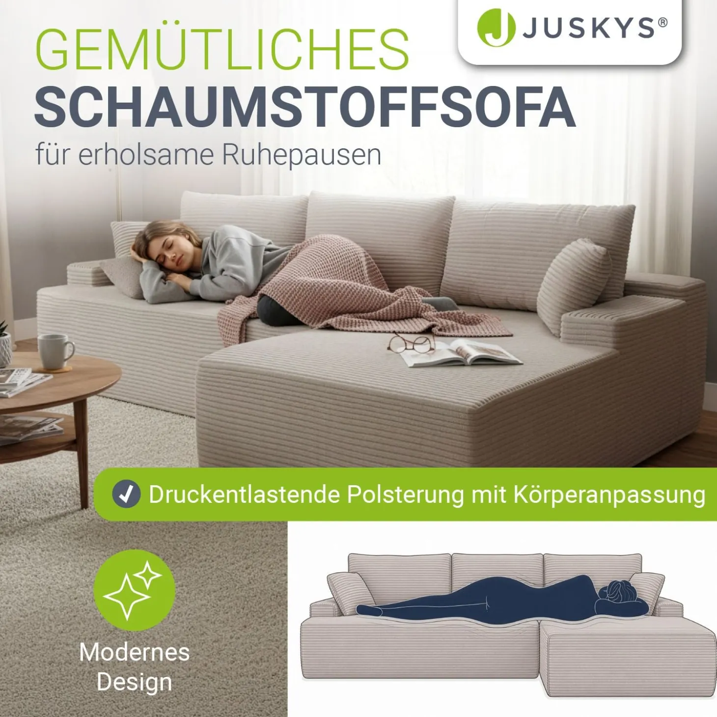 Sofa Coredo mit Cord Bezug & Dekokissen