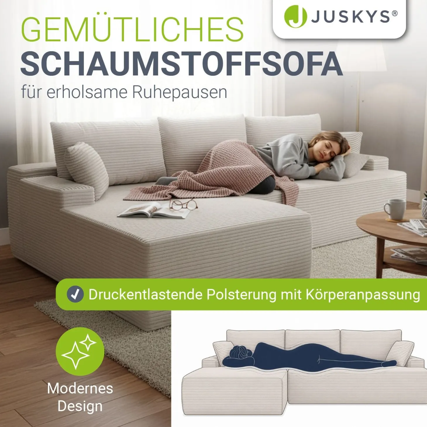 Sofa Coredo mit Cord Bezug & Dekokissen