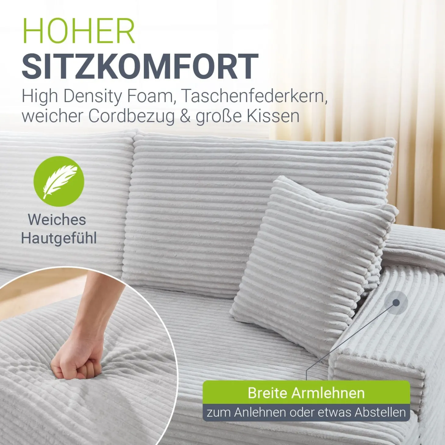 Sofa Coredo mit Cord Bezug & Dekokissen