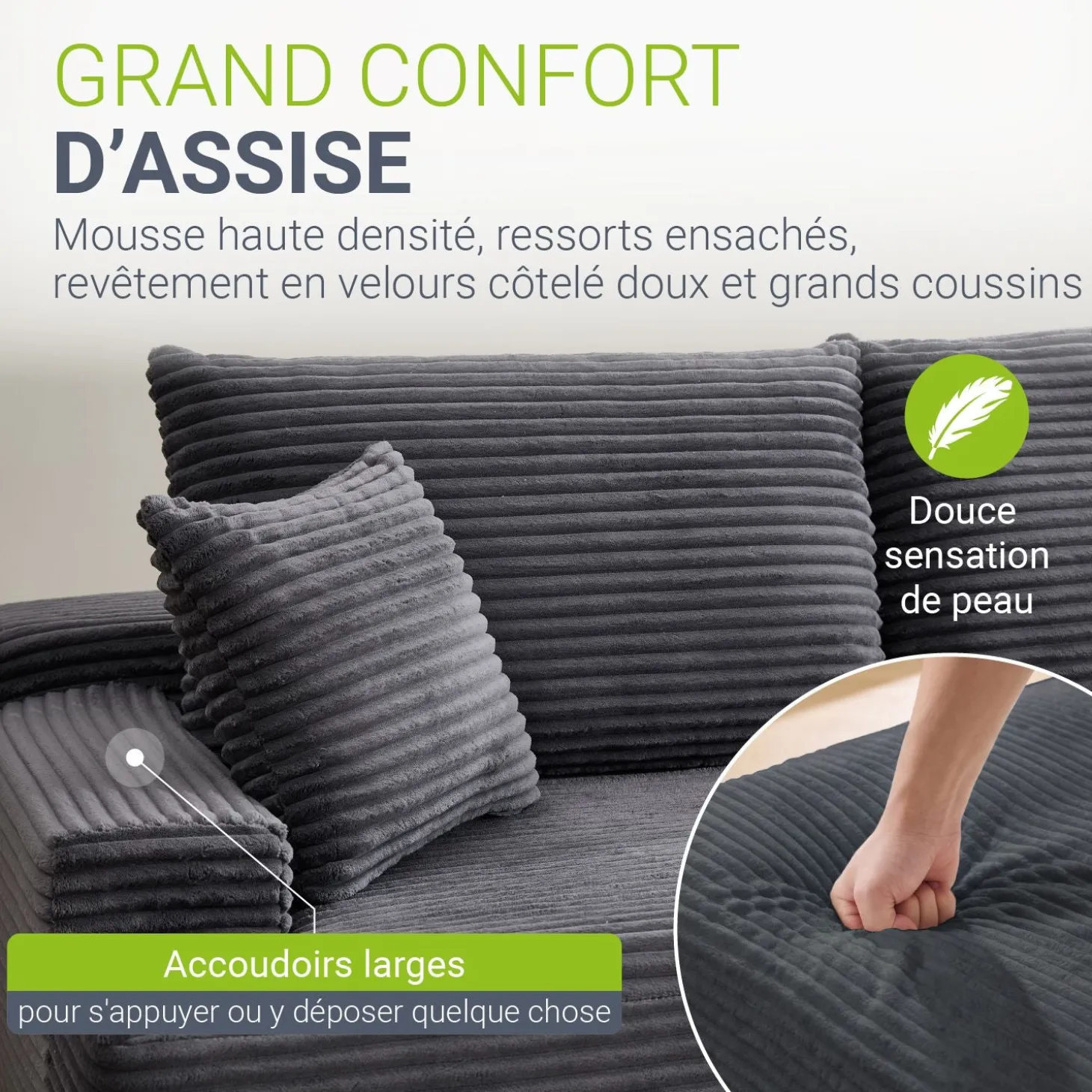 Sofa Coredo mit Cord Bezug & Dekokissen