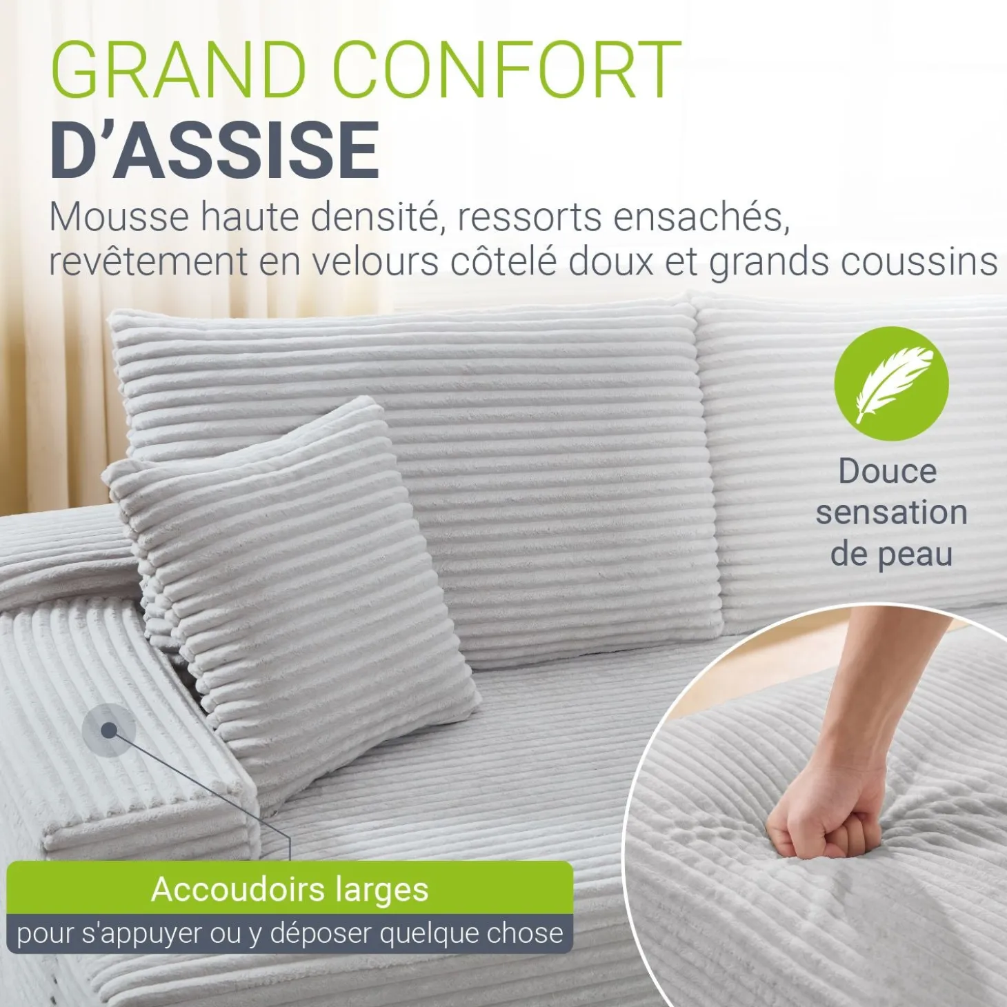 Sofa Coredo mit Cord Bezug & Dekokissen