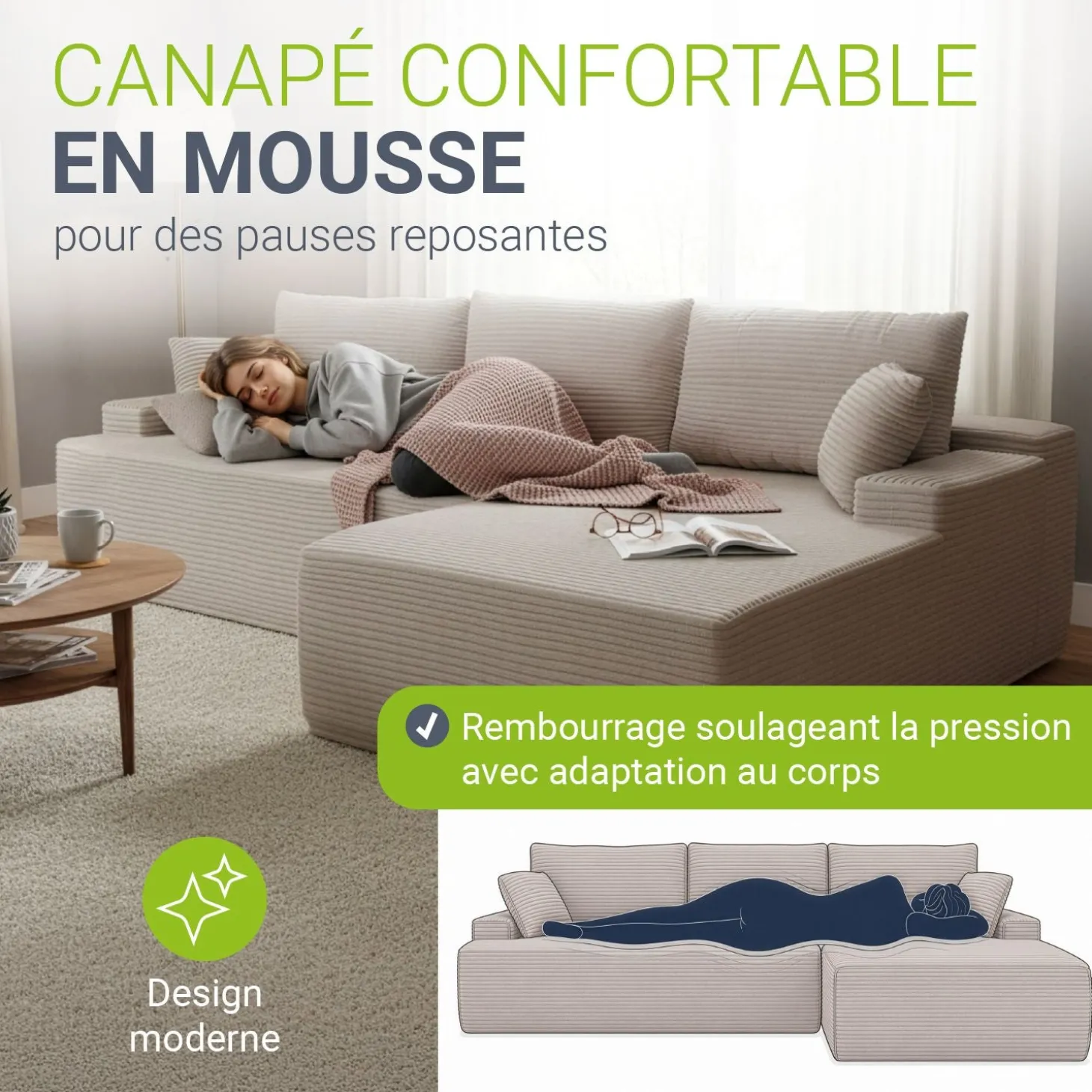 Sofa Coredo mit Cord Bezug & Dekokissen