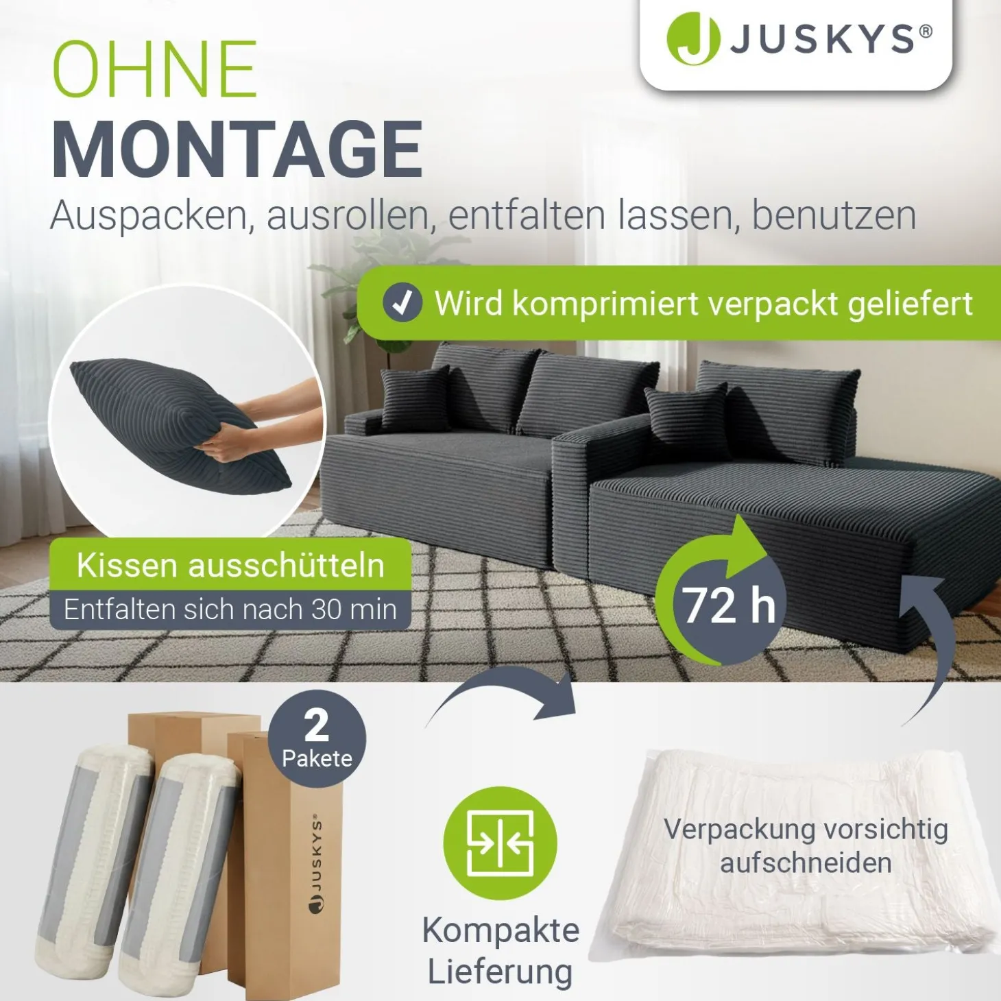 Sofa Coredo mit Cord Bezug & Dekokissen